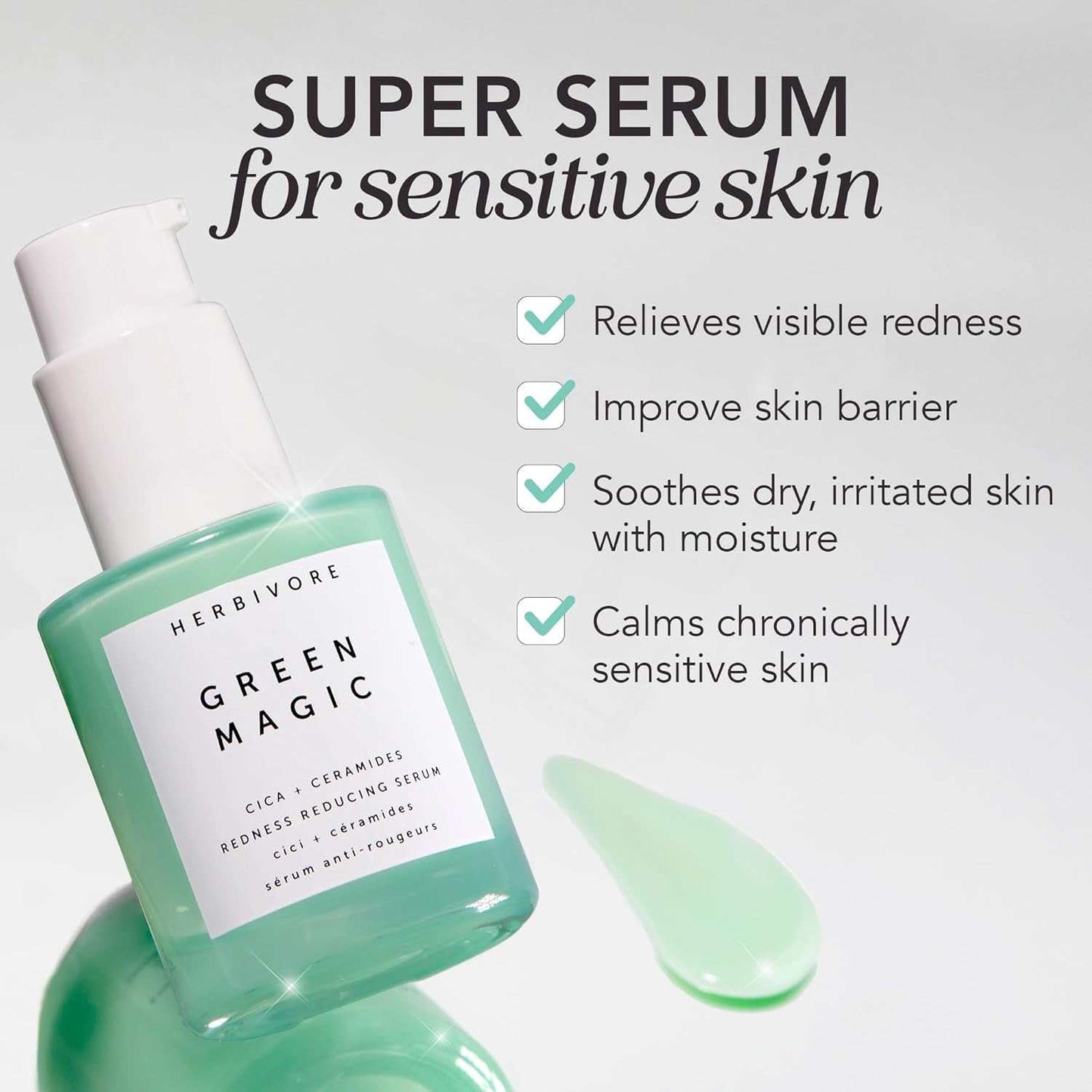 Green Magic Fast-Acting Serum for sensitive skin, reduces redness, hydrates, and soothes.