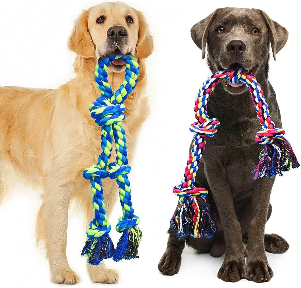 Two large dogs holding durable, heavy-duty cotton dog rope toys designed for aggressive chewers and dental health