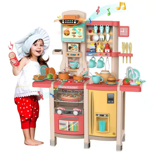 Kids kitchen playset with a cheerful child in a chef hat, featuring lifelike accessories and a charming pink design.
