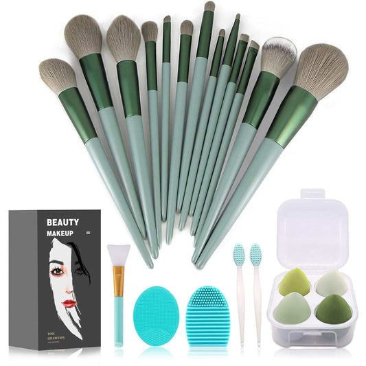 Professional 22-piece makeup brush set with soft synthetic bristles, ergonomic green handles, and included makeup sponges for full face application