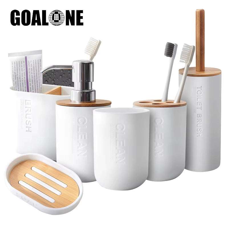 Minimalist bamboo bathroom decoration set with toothbrush holder, soap dispenser, and toilet brush