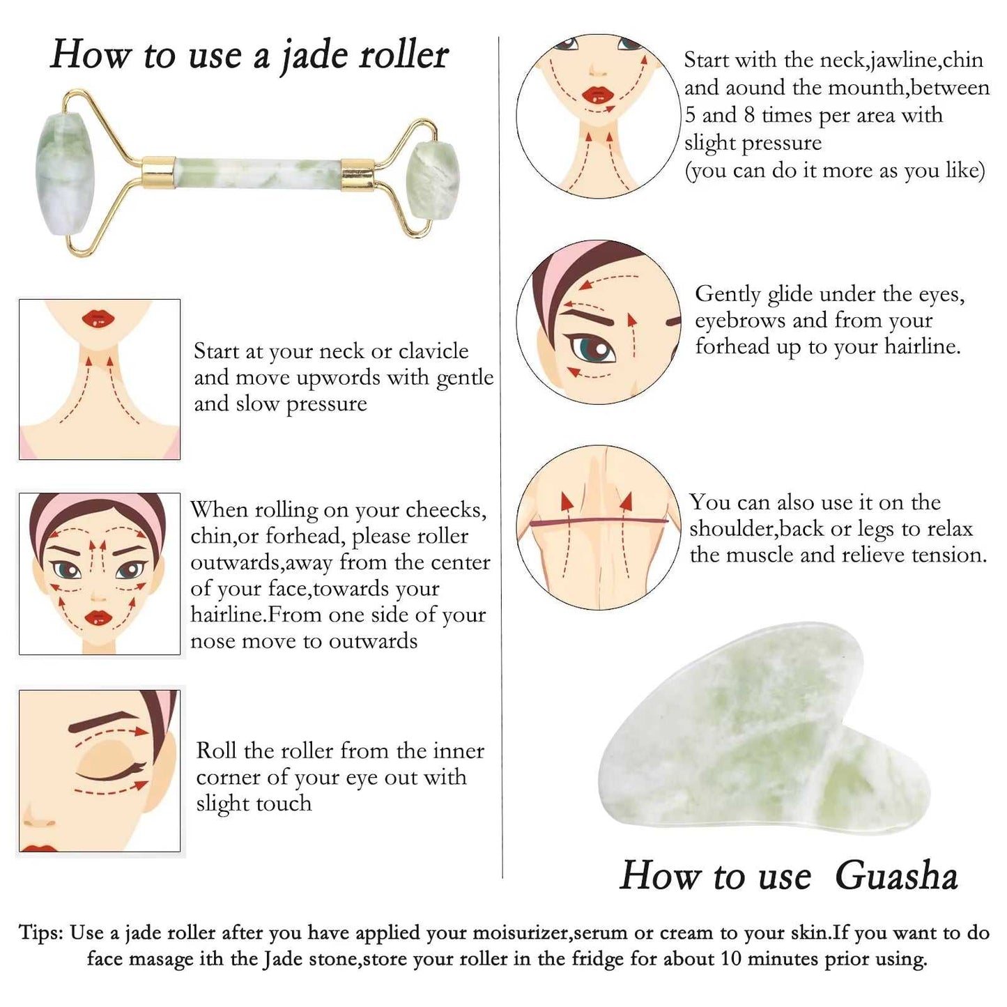 Natural jade roller and gua sha set with instructions for face and body massage, featuring dual-ended roller and green jade stone.