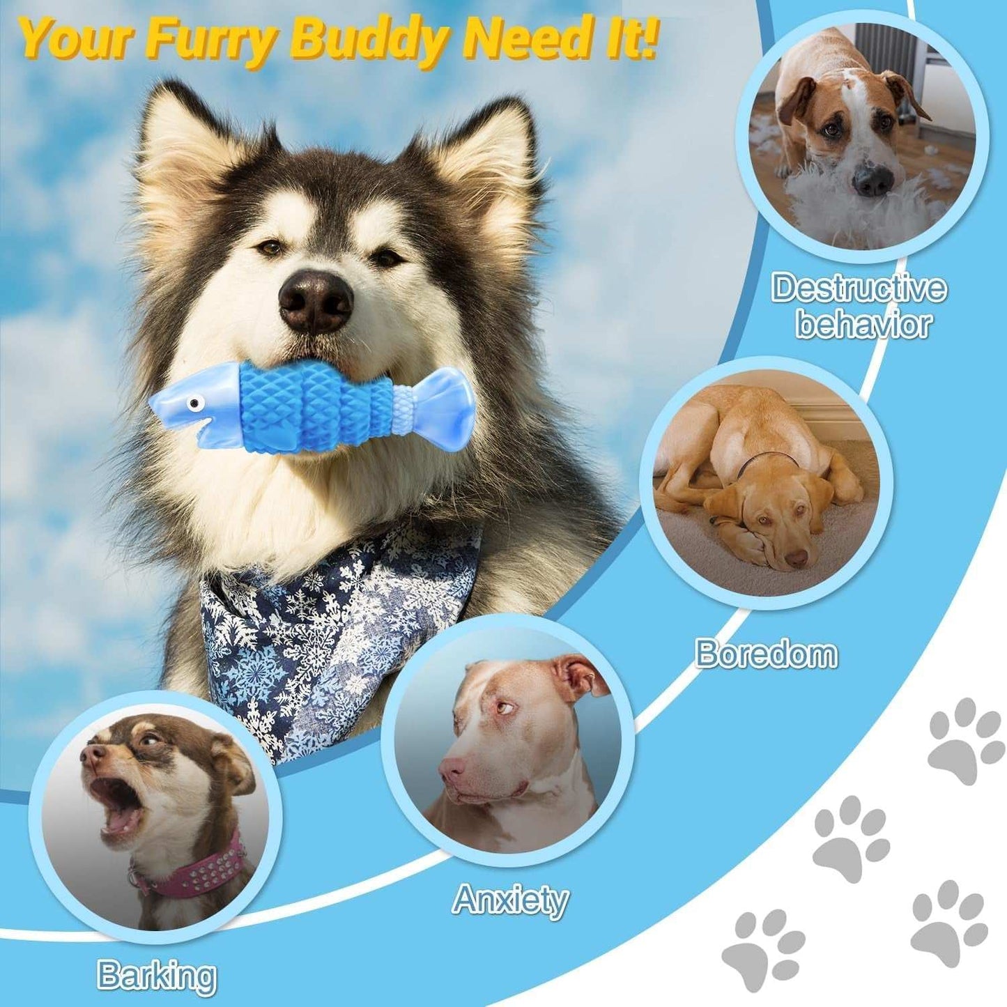 Medium to large dog holding a blue fish-shaped squeaky chew toy, designed for aggressive chewers to reduce destructive behavior, boredom, barking, and anxiety