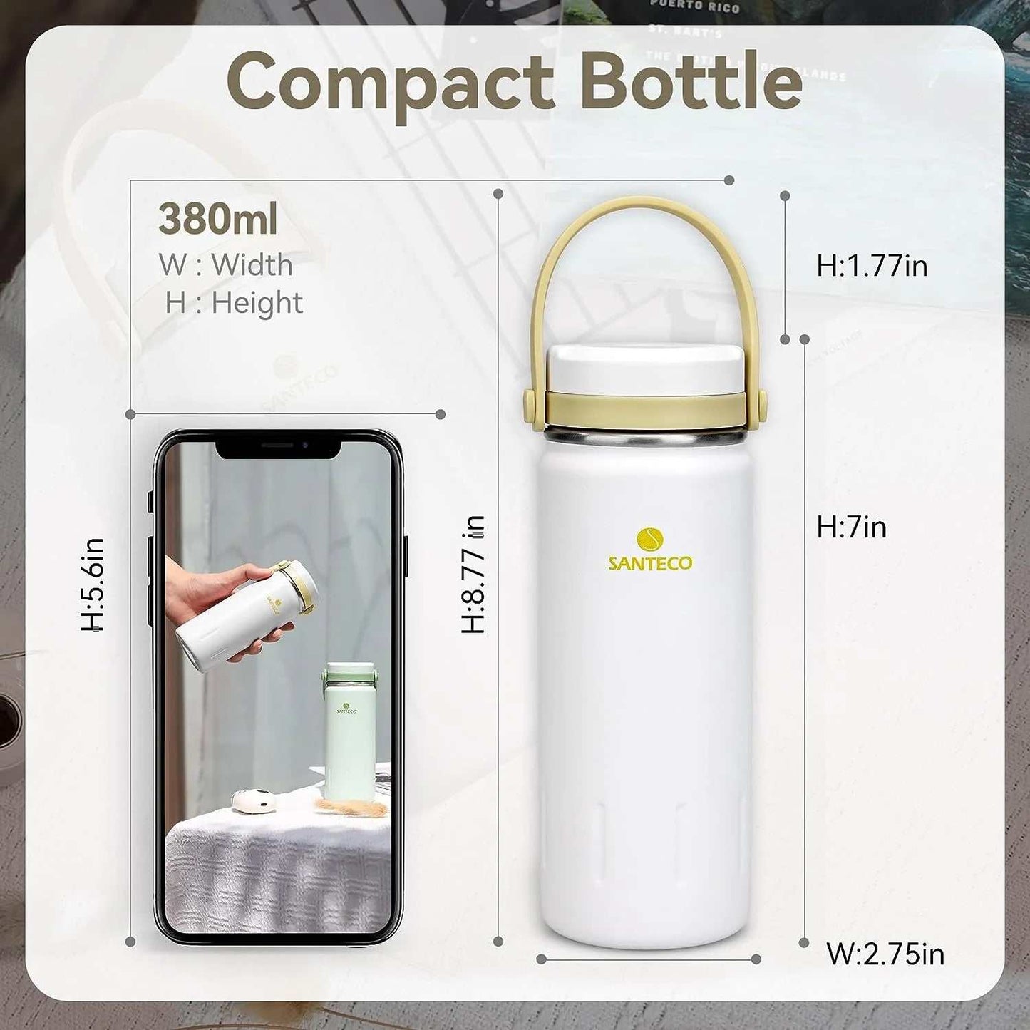 Compact Santeco Water Bottle with handle, 13oz capacity, sleek white design, BPA-free, double-wall insulation.