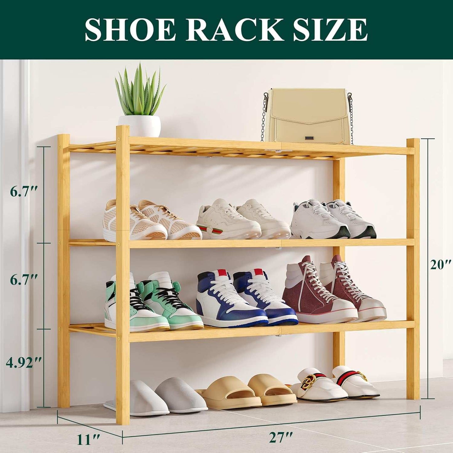 Stylish Three-Tier Bamboo Shoe Rack with spacious storage, stackable design, and natural finish.