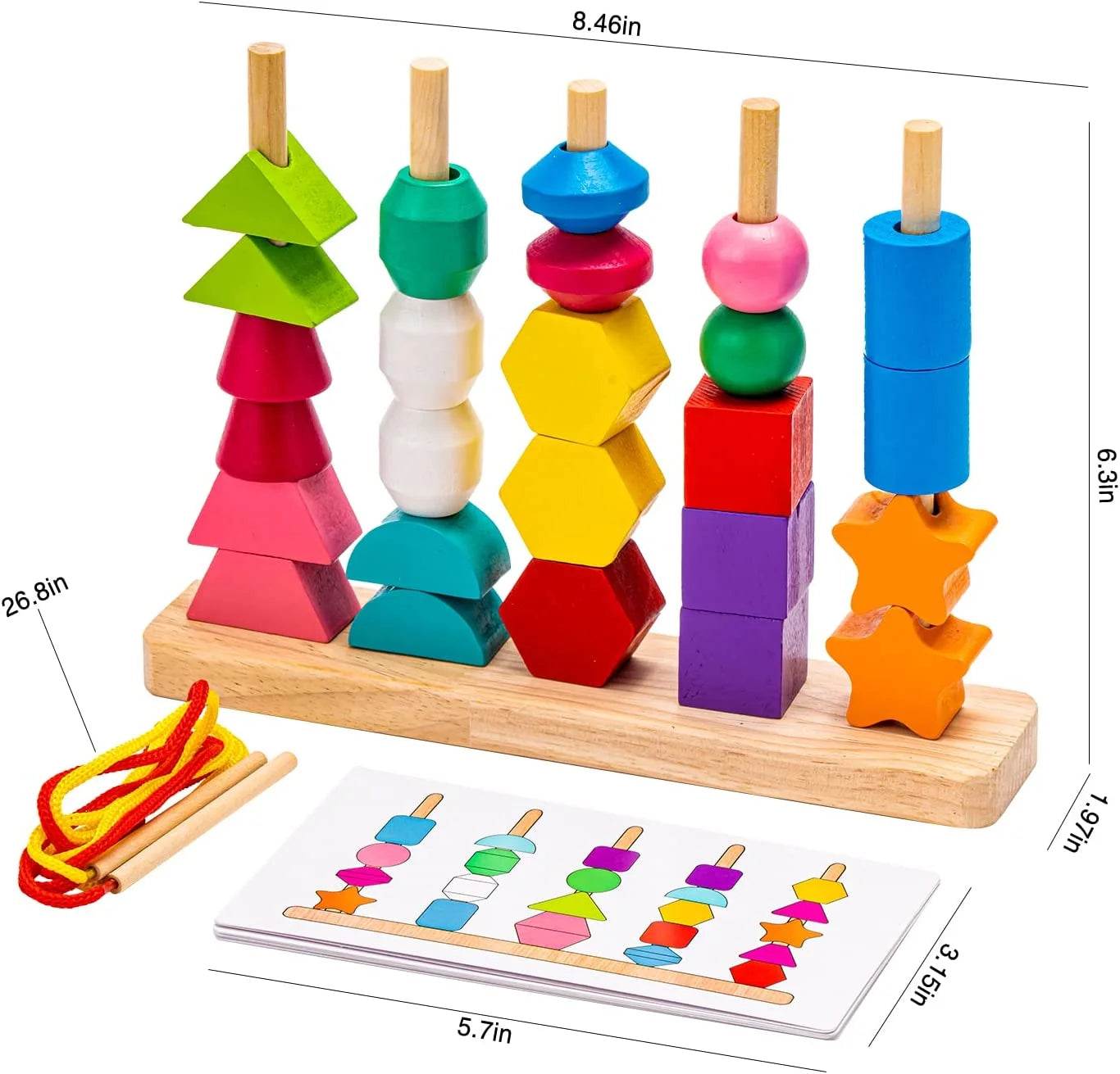 Montessori-inspired educational toy with colorful shape sorting and stacking pieces.