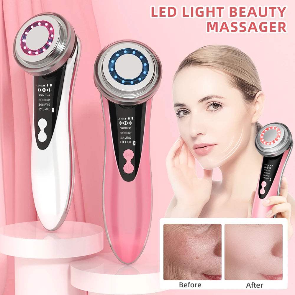 LED Electric Microcurrent Face Massager with hot and cold therapy, showcasing ergonomic design and before-after skin transformation results.