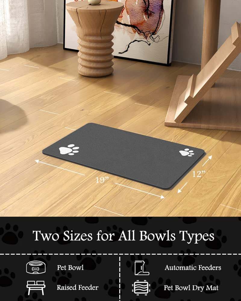 Absorbent quick-dry pet feeding mat with non-slip backing and paw prints, designed to protect floors from food and water spills.