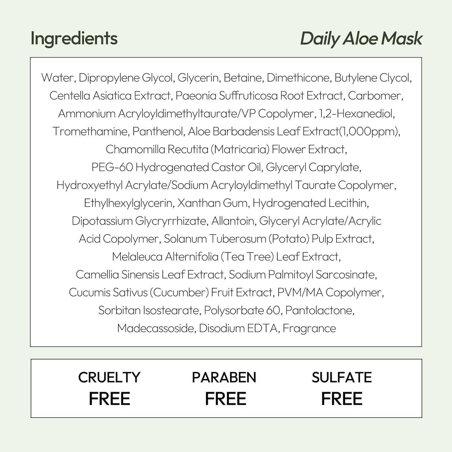 Cucumber Aloe Gel Sheet Mask packaging with ingredient list highlighting cruelty-free, paraben-free, and sulfate-free properties.