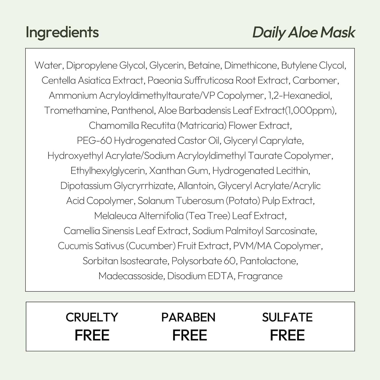 Cucumber Aloe Gel Sheet Mask packaging with ingredient list highlighting cruelty-free, paraben-free, and sulfate-free properties.