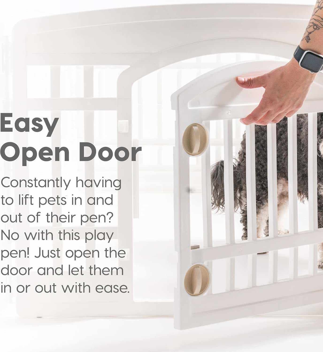 White pet exercise playpen door panel with easy-access lock for small dogs and puppies, durable metal, customizable layout, portable and sturdy design.