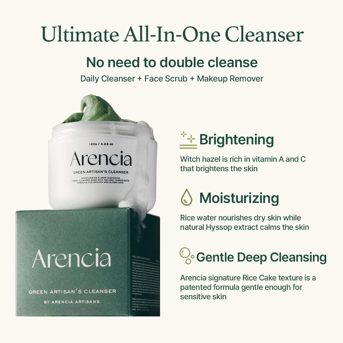 Face cleanser jar with green cream and box highlighting brightening, moisturizing, and gentle deep cleansing properties