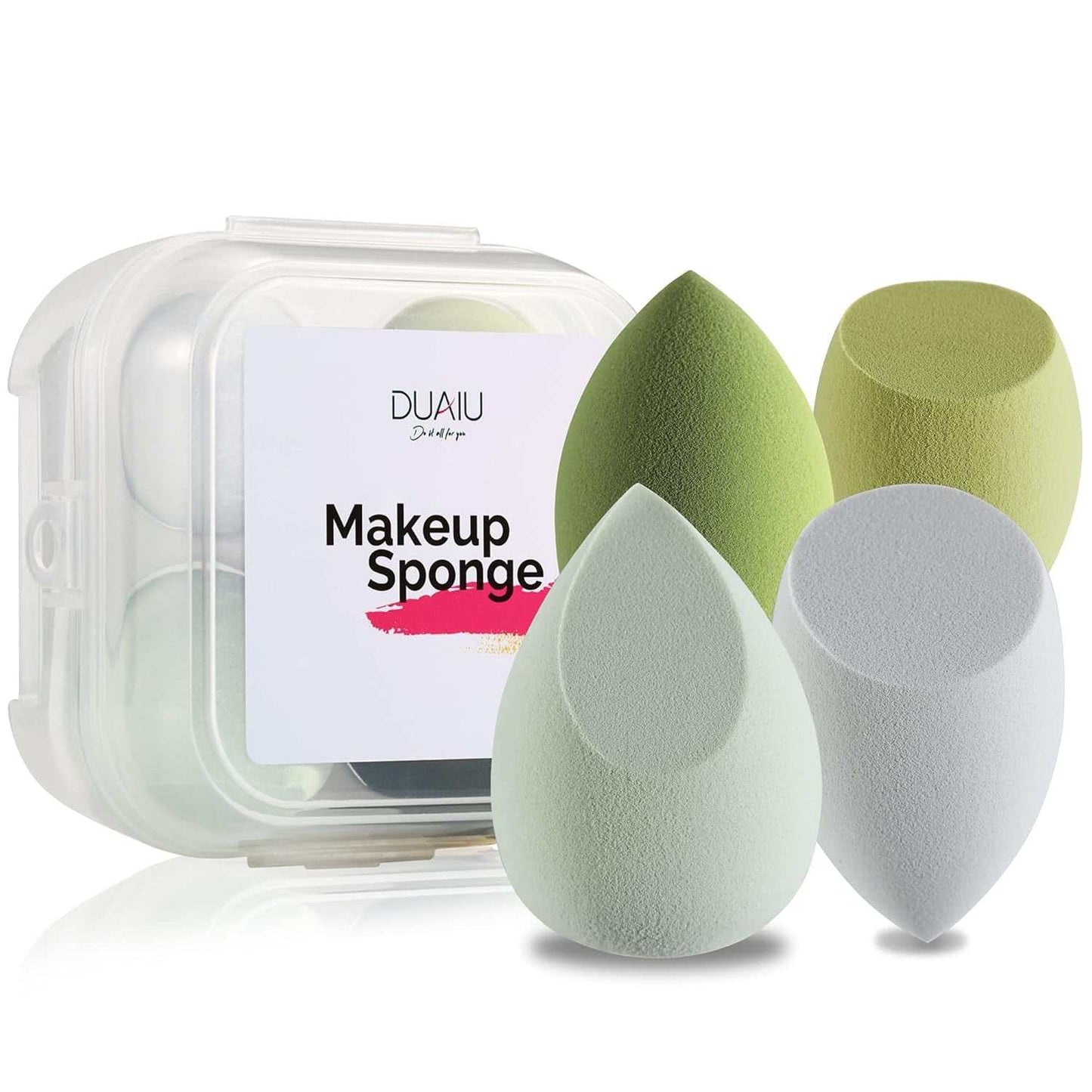 Set of 4 avocado green latex-free makeup beauty blending sponges with clear storage box for flawless foundation and concealer application