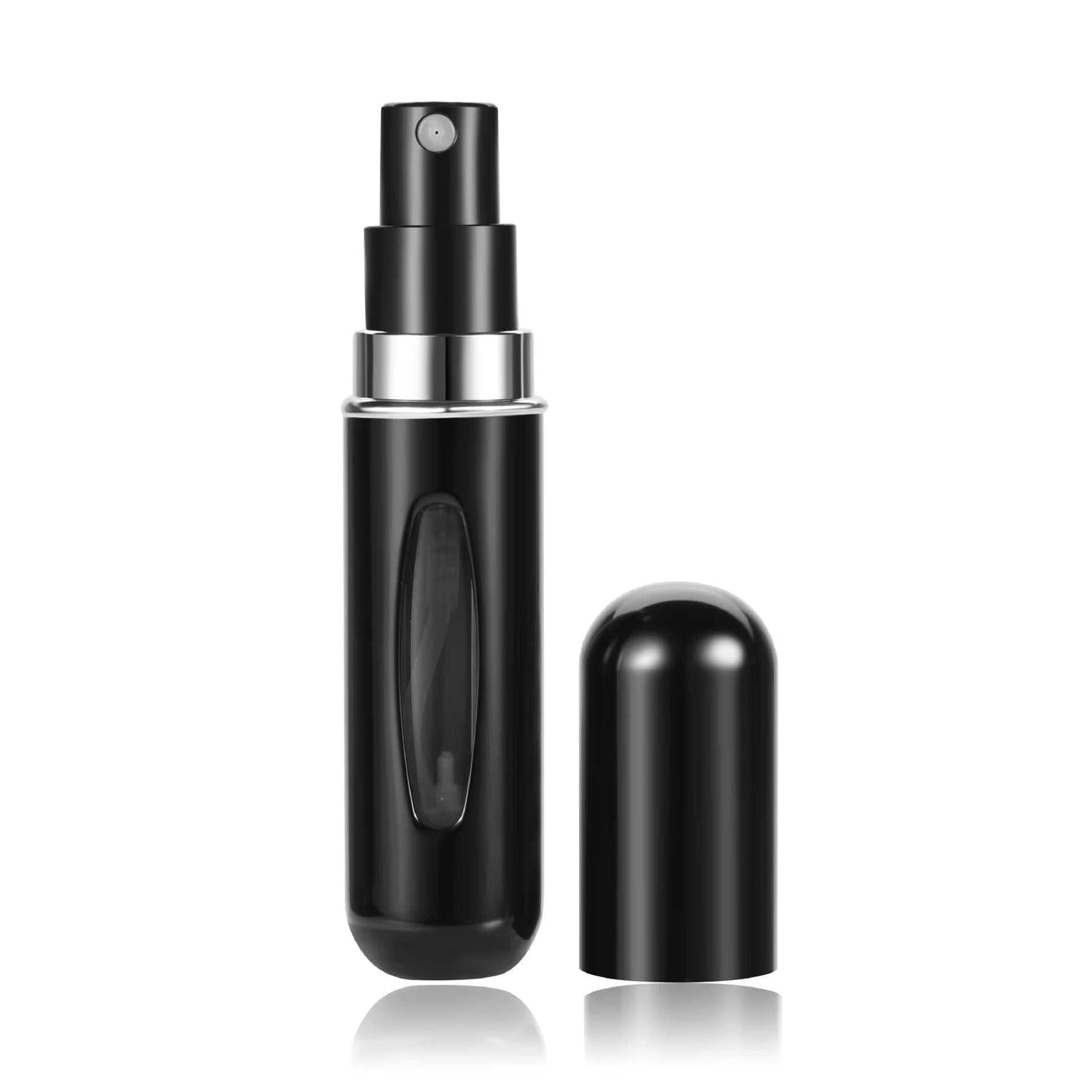 Portable 5ml refillable perfume spray bottle in sleek black with leak-proof design for travel and everyday use