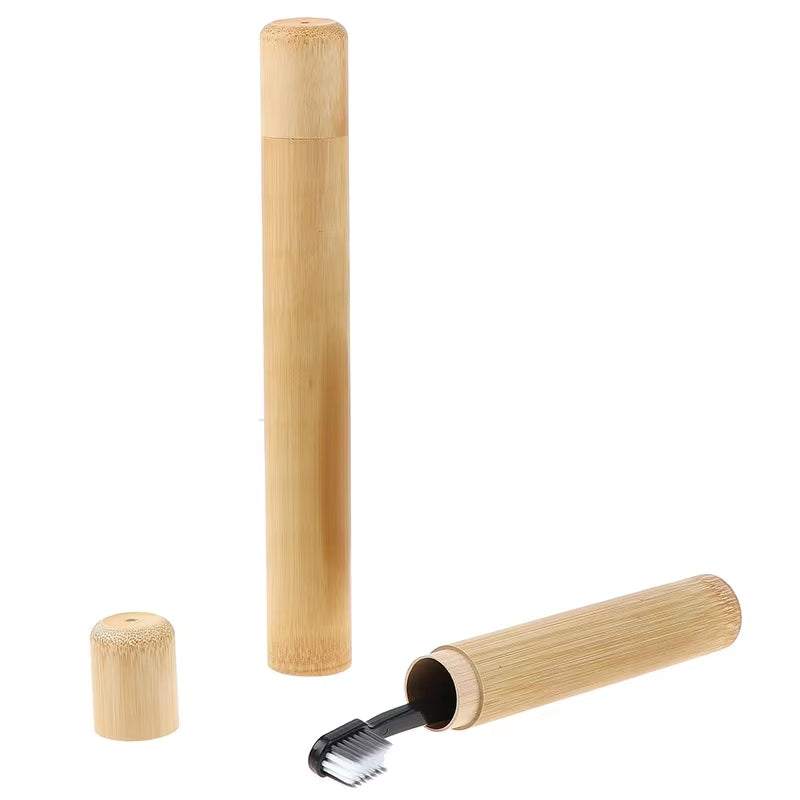 Portable travel bamboo toothbrush tube, eco-friendly and lightweight, ideal for sustainable travel.
