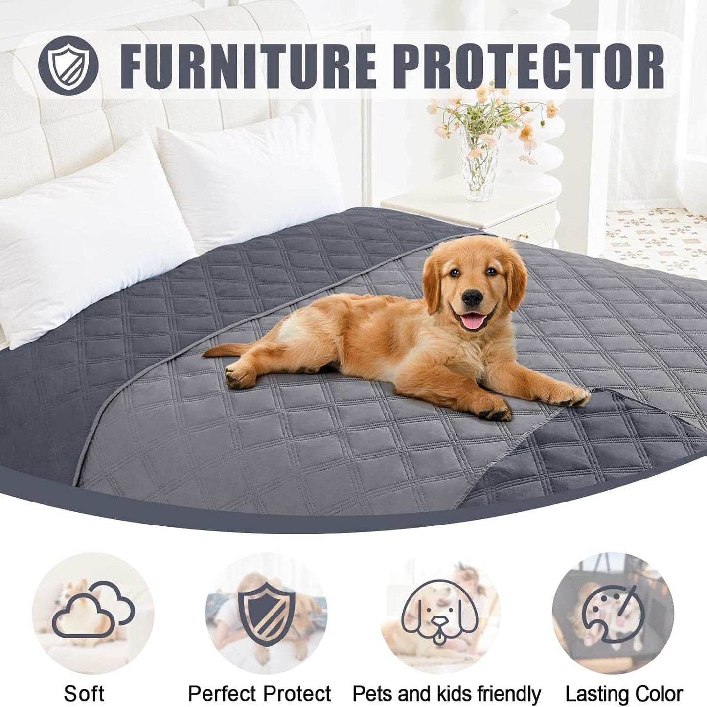 Waterproof dog blanket protecting sofa with a happy pet on a cozy, soft cover.