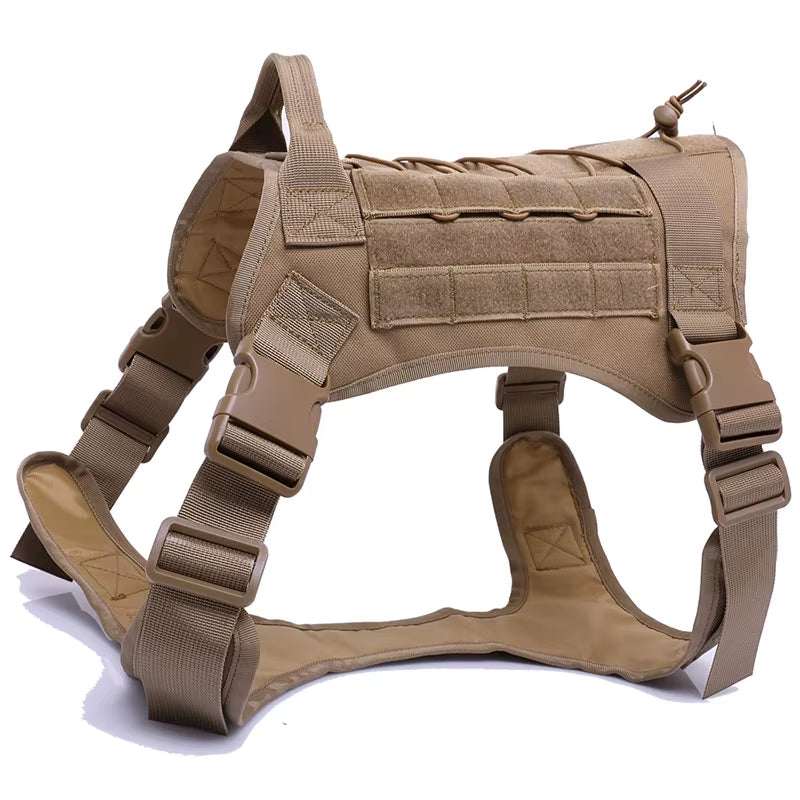 Tactical dog harness in tan color with adjustable straps, MOLLE webbing, and padded mesh lining for medium to large dogs