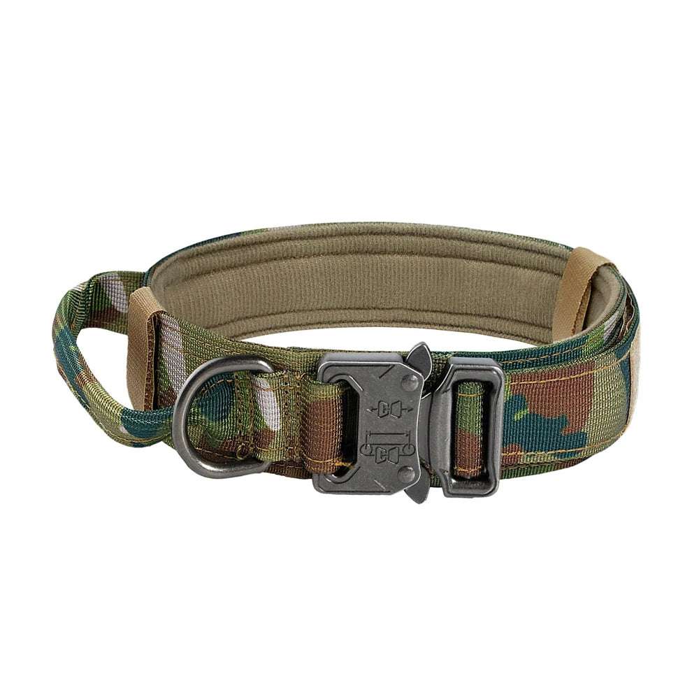 Durable camo tactical dog collar with metal buckle and padded lining for medium to large active dogs