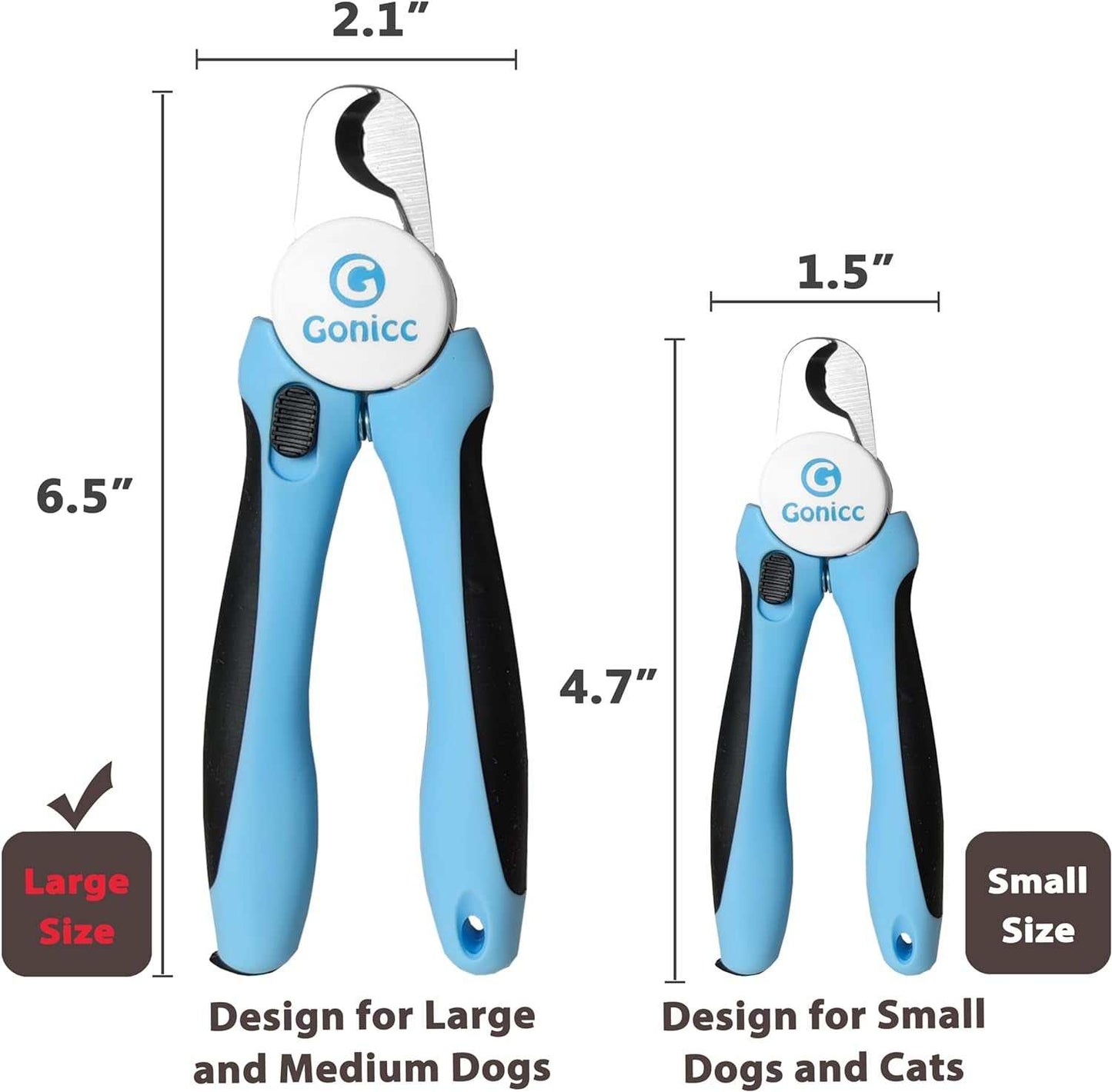 Blue and black ergonomic nail clippers with safety guard, designed for small and large dogs grooming, featuring stainless steel blades and included nail file