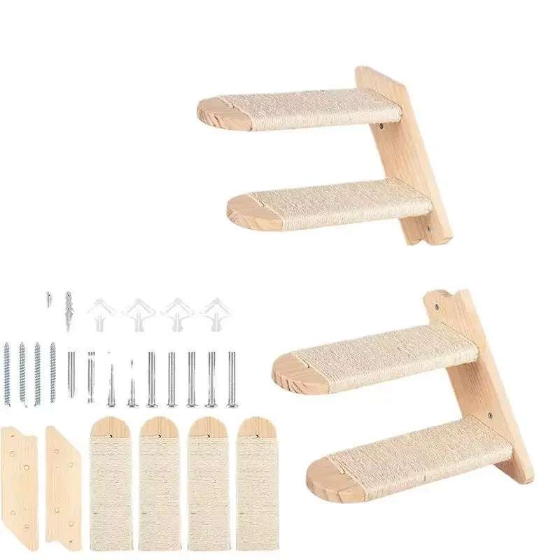 Wall-mounted cat climbing shelf with sisal rope, eco-friendly, four-step design, natural wood finish, and included mounting hardware.
