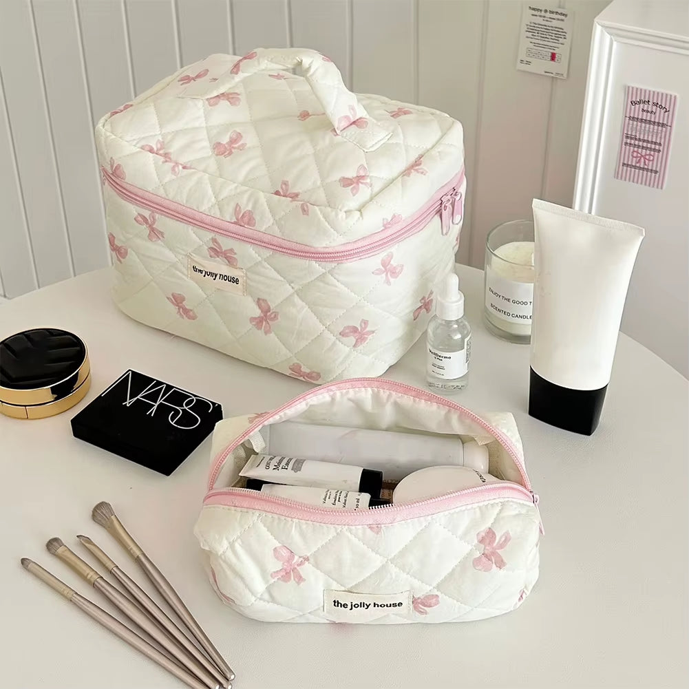 Makeup Bag Women Cotton Quilted Floral Cosmetic Bag Cosmetic Organizer Bow Flower Cloth Handbag Portable Travel Toiletry Bag