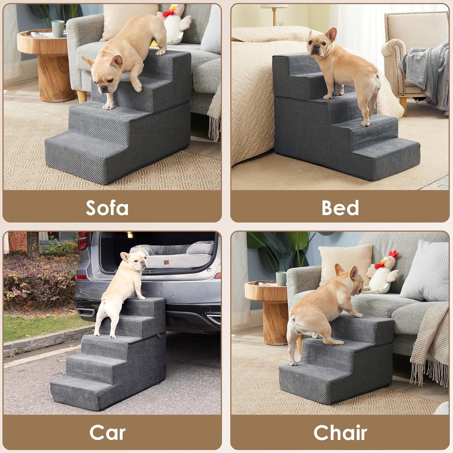 Dog Stairs Ramp – 18” High, 4-Step Pet Steps for Small Dogs & Cats, Non-Slip Indoor Dog Ramp for Bed (Grey)