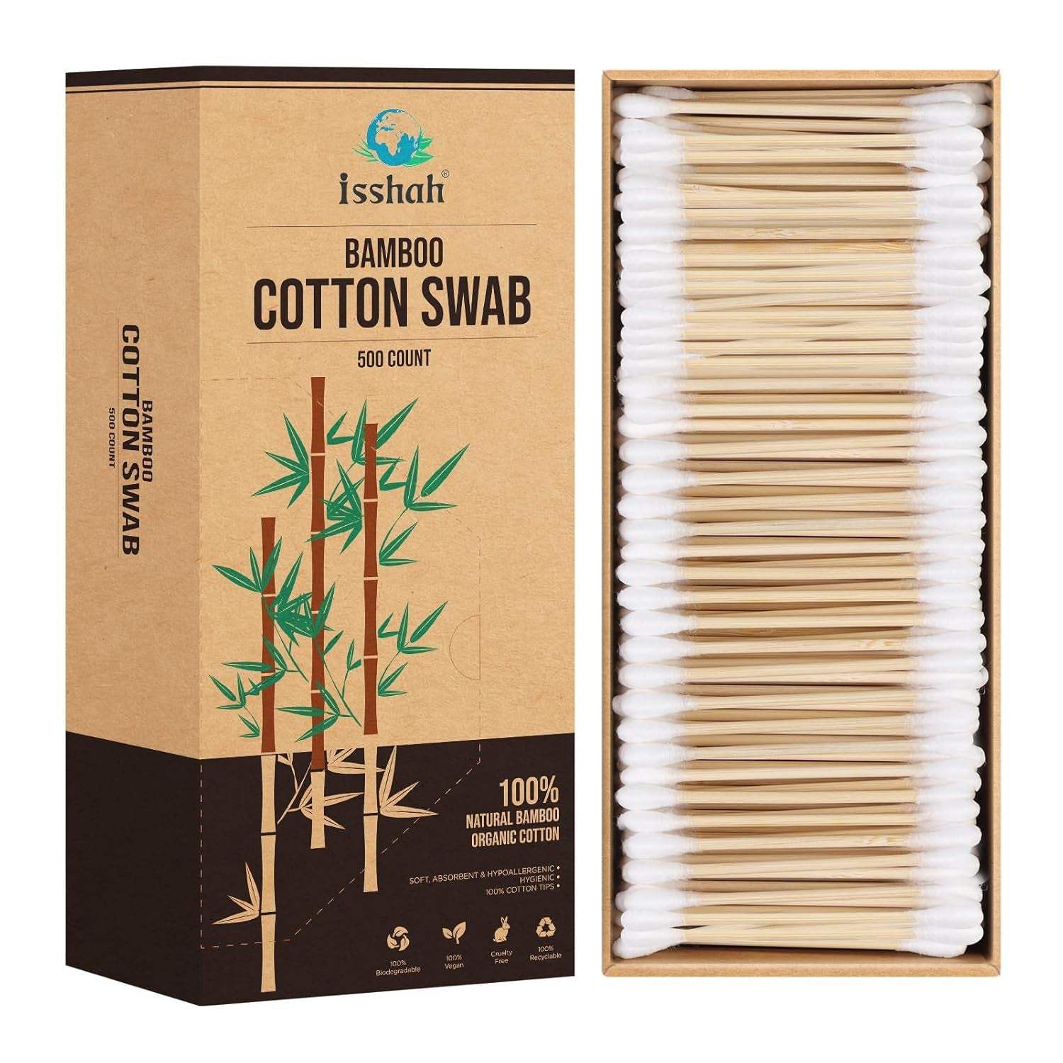 Bamboo Cotton Swabs - 500 Count - FSC Certified and PETA Approved, Eco Friendly Double Tips, Plastic Free Ear Sticks, All Natural 100% Biodegradable Organic Cotton Buds by