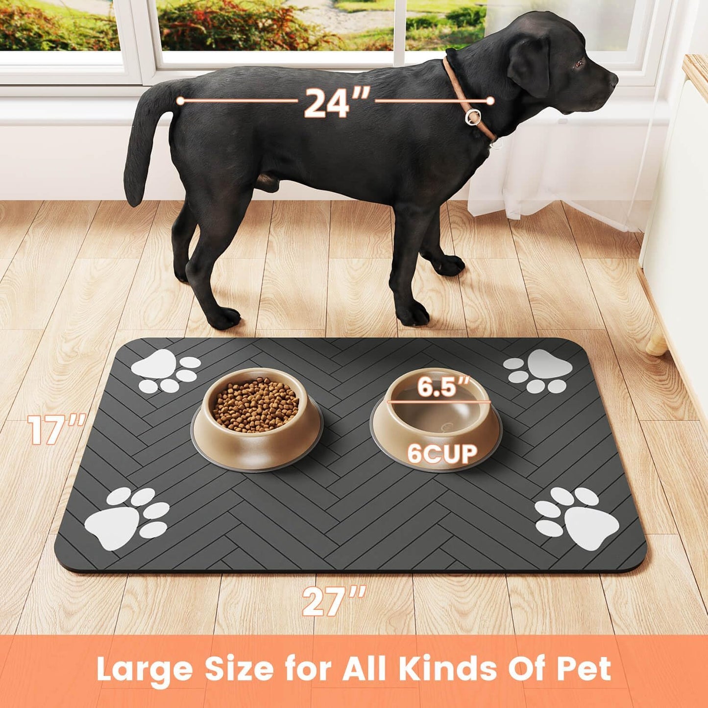 Absorbent Pet Feeding Mat – Waterproof, Quick-Dry Food & Water Bowl Placemat for Dogs & Cats (12"x20", Striped Dark Gray)