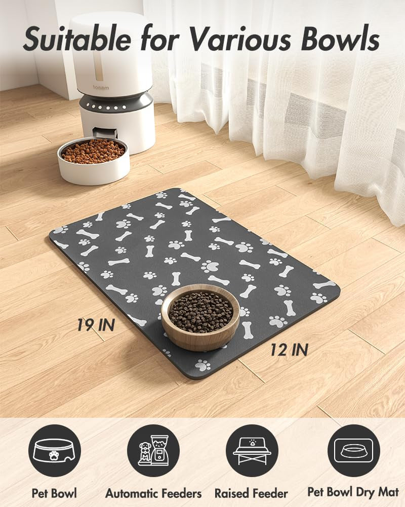 Absorbent Pet Feeding Mat – Quick-Dry, No-Stain Dog Food & Water Mat for Mess-Free Drinking (12" x 19", Dark Grey)