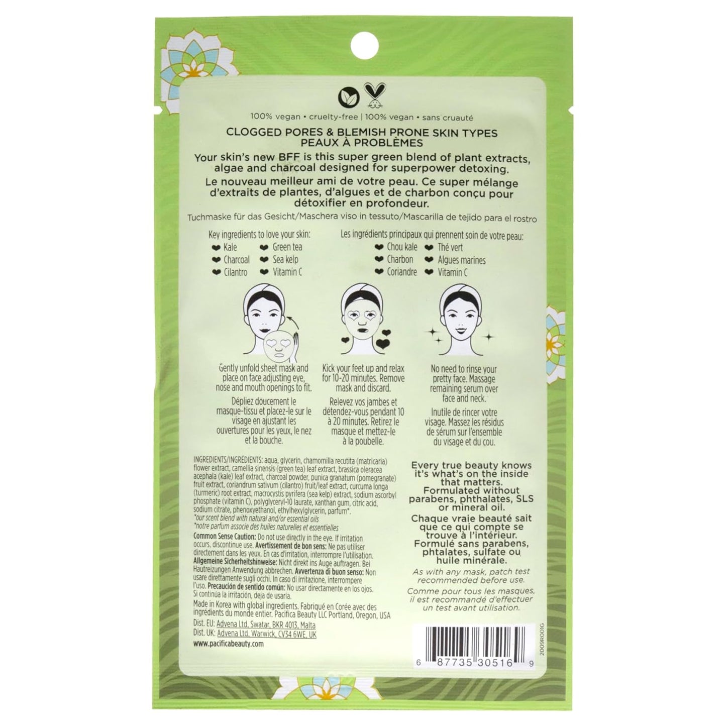 Super Green Detox Facial Sheet Mask – Kale & Charcoal for Deep Pore Cleansing & Skin Purification (0.67 Oz)