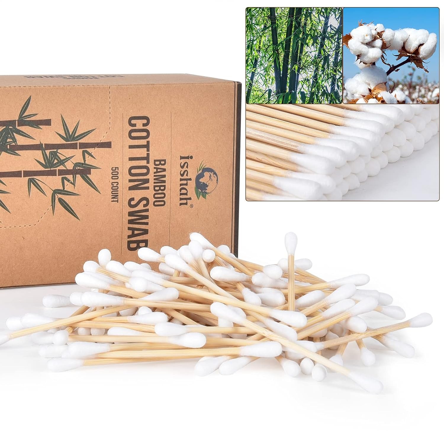 Bamboo Cotton Swabs - 500 Count - FSC Certified and PETA Approved, Eco Friendly Double Tips, Plastic Free Ear Sticks, All Natural 100% Biodegradable Organic Cotton Buds by