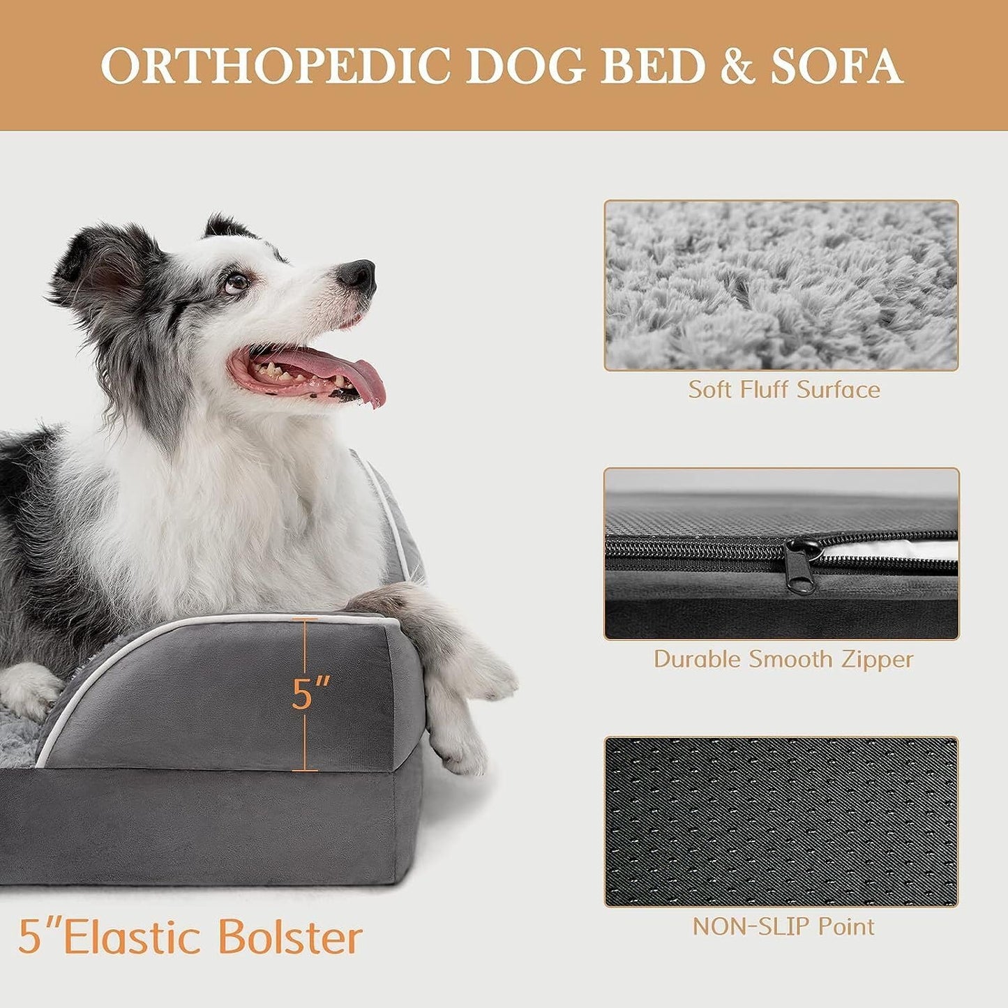 Waterproof Orthopedic Foam Dog Beds for Extra Large Dogs, XL Dog Bed with Bolster, Washable Dog Bed Sofa Pet Bed with Removable Cover & Non-Slip Bottom(X-Large,Grey)