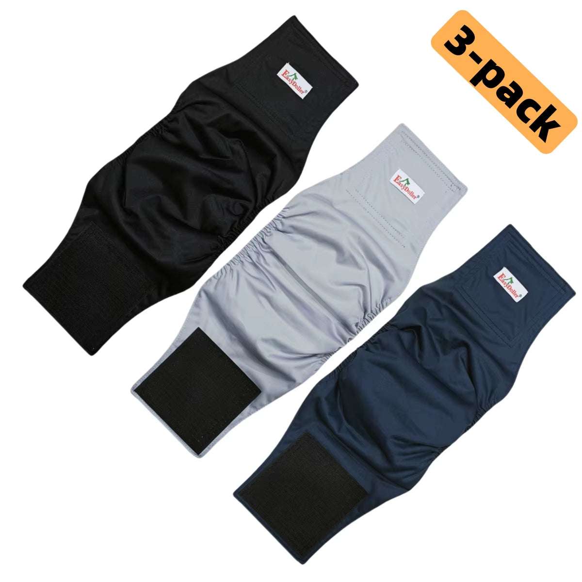 3-pack of reusable Dog Care Diapers in black, gray, and navy with adjustable Velcro closures for pet hygiene and comfort.