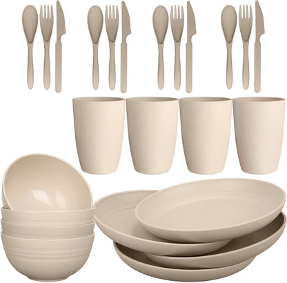 Wheat Straw Dinnerware Sets for 4 - Lightweight Plates, Bowls Cups & Cutlery - Reusable Dinner Camping Picnic Dishes - Dishwasher Microwave Safe, Eco Friendly (24Pcs/Beige)