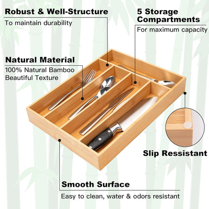 Premium Bamboo Silverware Organizer – 5-Slot Utensil & Cutlery Holder for Effortless Kitchen Storage