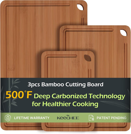 Bamboo Cutting Board – Durable Wooden Kitchen Board with Deep Juice Grooves & Built-In Handles for Chopping & Charcuterie