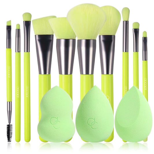 Neon green makeup brush set with pea pod sponges, perfect for vibrant makeup application.