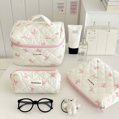 Makeup Bag Women Cotton Quilted Floral Cosmetic Bag Cosmetic Organizer Bow Flower Cloth Handbag Portable Travel Toiletry Bag