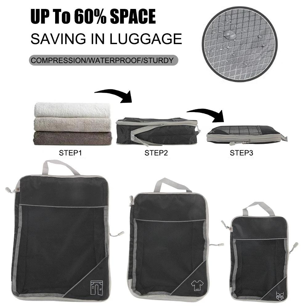 3/6 Pieces Travel Storage Organizer Set with Portable Lightweight Suitcase Bags Compressed Packing Cubes Shoe Bag Mesh Luggage