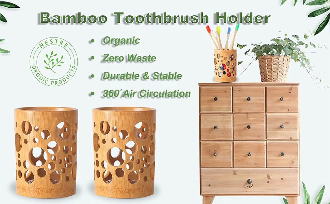 Bamboo Toothbrush Holder Bamboo Toothbrush Accessories Toothbrush Pen Makeup Brush Organizer Biodegradable （Circular ）