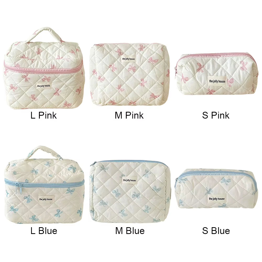 Makeup Bag Women Cotton Quilted Floral Cosmetic Bag Cosmetic Organizer Bow Flower Cloth Handbag Portable Travel Toiletry Bag