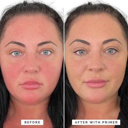 Before and after using long-lasting correcting face primer, reducing redness and smoothing the complexion.