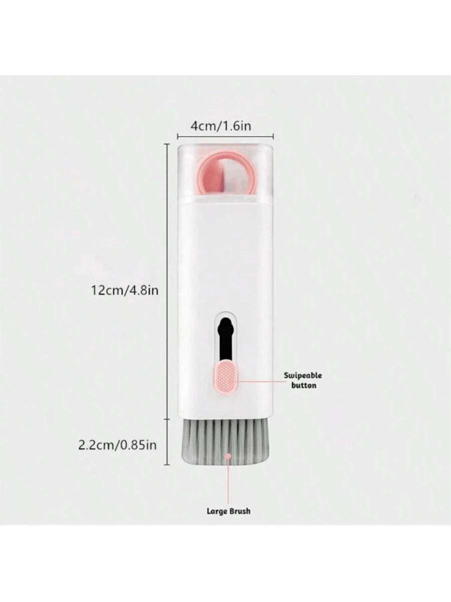 Pink 7-In-1 electronic cleaning kit with large brush and swipeable button for keyboards and devices, measuring 12cm by 4cm by 2.2cm