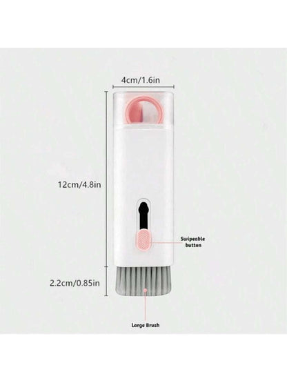 Pink 7-In-1 electronic cleaning kit with large brush and swipeable button for keyboards and devices, measuring 12cm by 4cm by 2.2cm