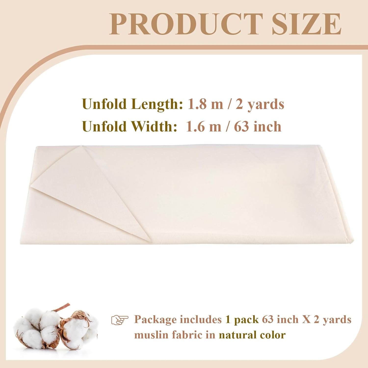 100% Cotton Muslin Fabric – 63" Wide x 2 Yards | Unbleached Medium-Weight Fabric for Sewing, Embroidery & Crafts