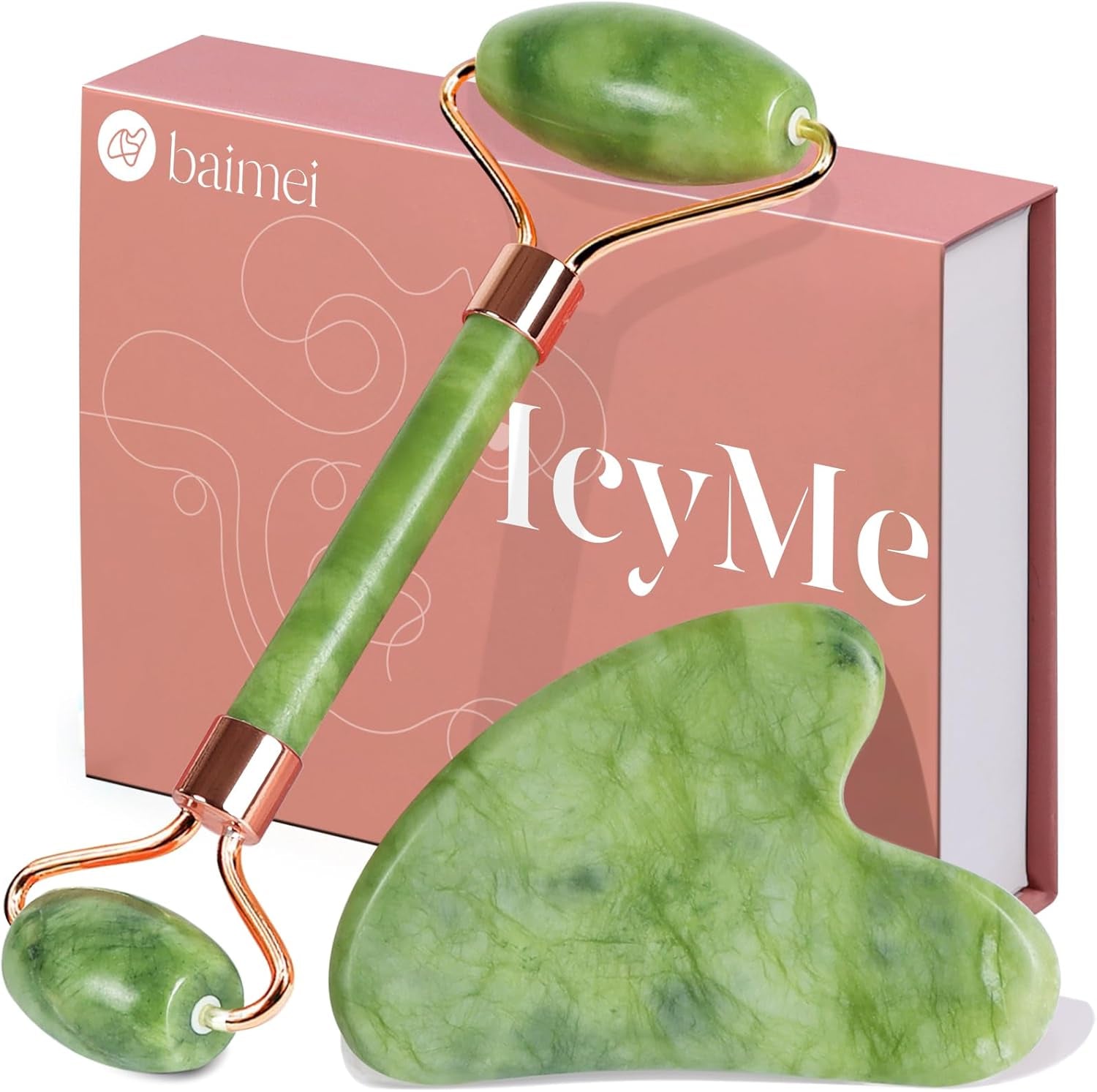 Icyme Gua Sha & Jade Roller Set – Facial Massage Tools for Puffiness & Redness | Relaxing Self-Care Gift for Men & Women – Green