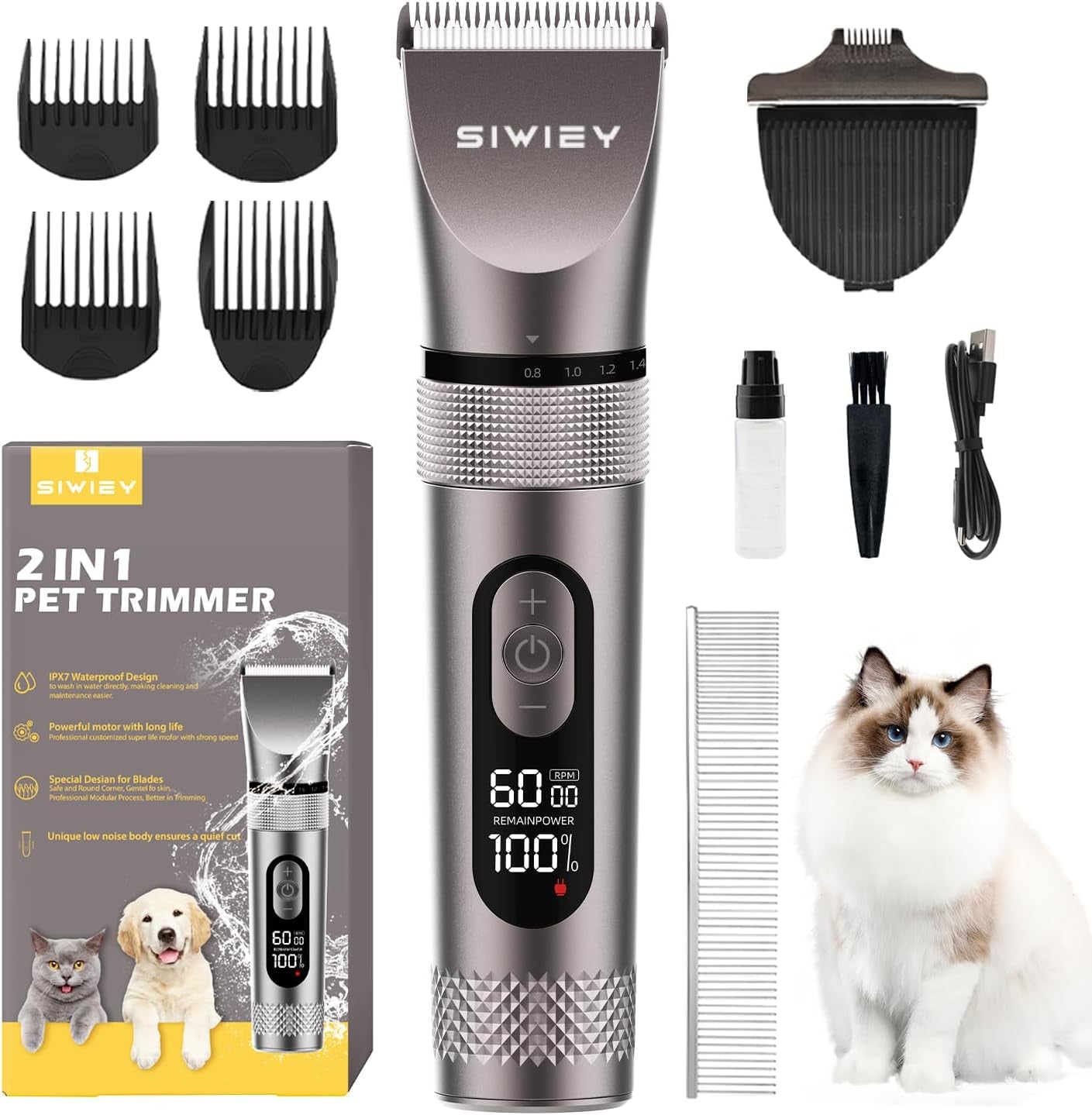 2 in 1 Dog Grooming Clippers with Small Trimmer, 3-Speed High Power Quiet Rechargeable Dog Shaver Hair Clippers Kit, USB Cordless Electric for Dog, Cat, Pet