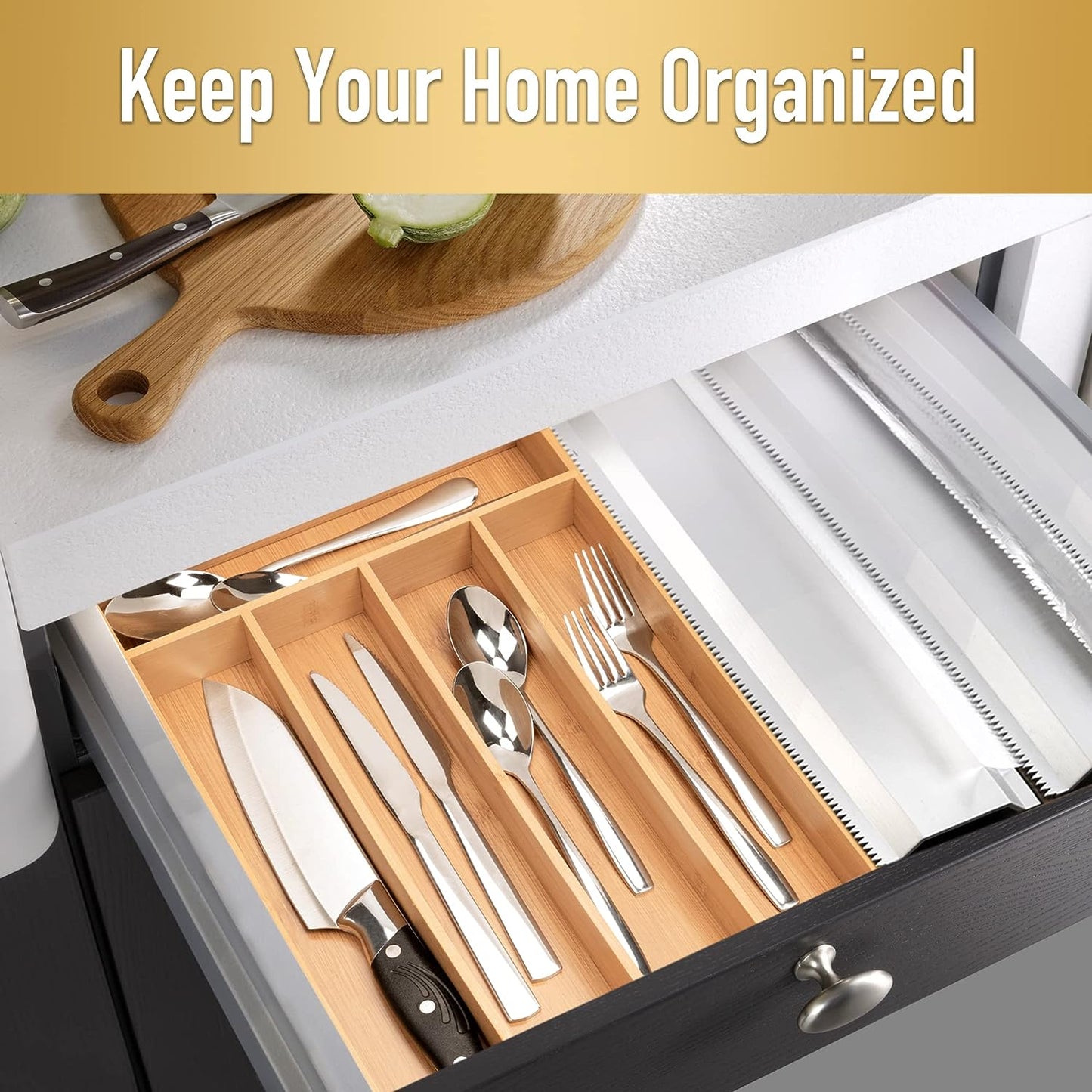 Premium Bamboo Silverware Organizer – 5-Slot Utensil & Cutlery Holder for Effortless Kitchen Storage