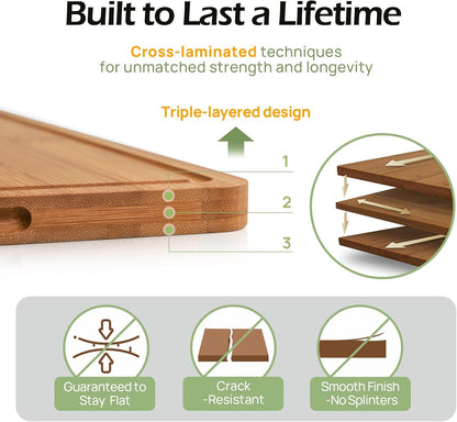 Bamboo Cutting Board – Durable Wooden Kitchen Board with Deep Juice Grooves & Built-In Handles for Chopping & Charcuterie