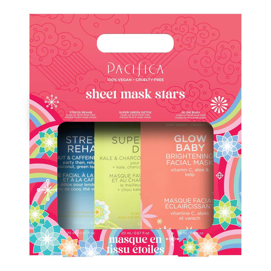 Face Sheet Mask Gift Set – Preppy Skincare for Holidays & Stocking Stuffers | 3-Pack Glow Baby, Super Green Detox & Stress Rehab | Christmas Gift for Women, Teens & Girls